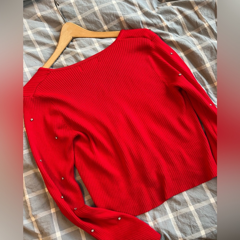 Red Ribbed Sparkle Cardigan Sweater - Picture 3 of 4